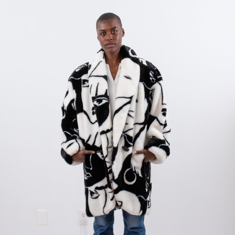 Vintage 80s L Faux Fur Faces Print Wrap Midi Coat - Picture 2 of 16